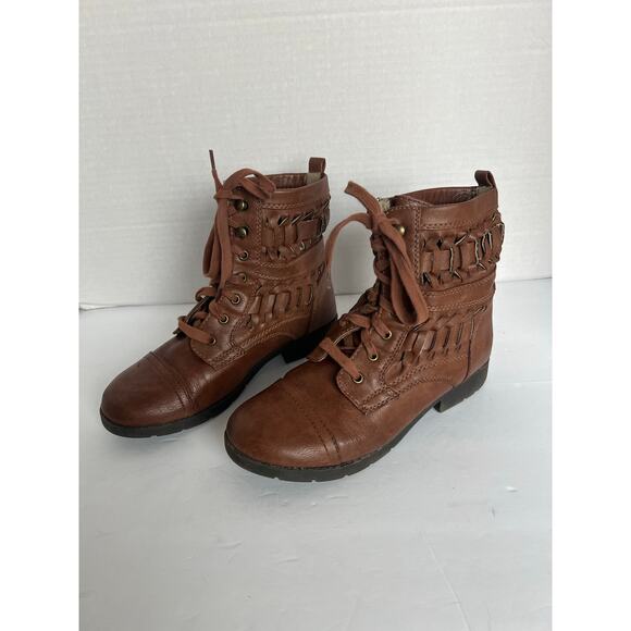 BRASH Distressed Brown Perforated Vegan Lace Up Round Toe Combat Ankle Boots 7 - Picture 1 of 12
